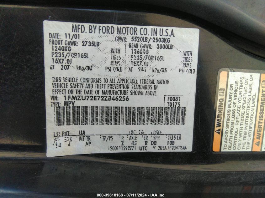 2002 Ford Explorer Xls VIN: 1FMZU72E72ZB46256 Lot: 39818168