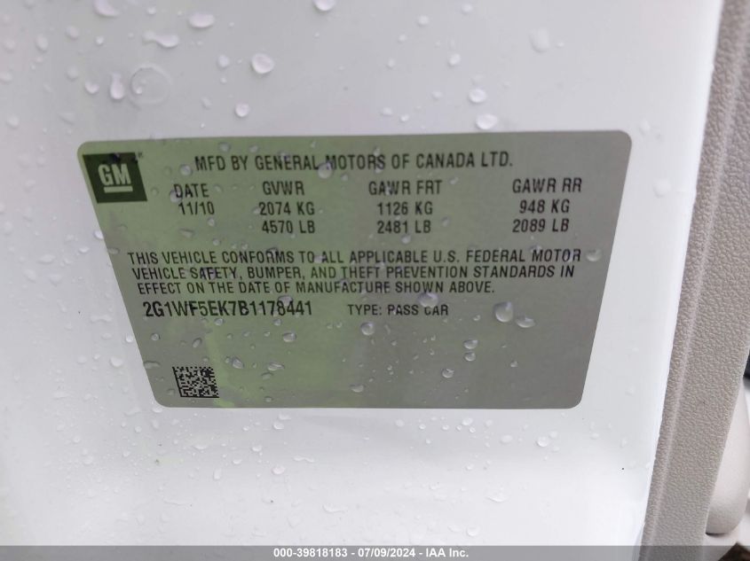 2011 Chevrolet Impala Ls VIN: 2G1WF5EK7B1178441 Lot: 39818183