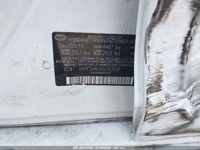 2016 Hyundai Sonata Se VIN: 5NPE24AFXGH362098 Lot: 39818189