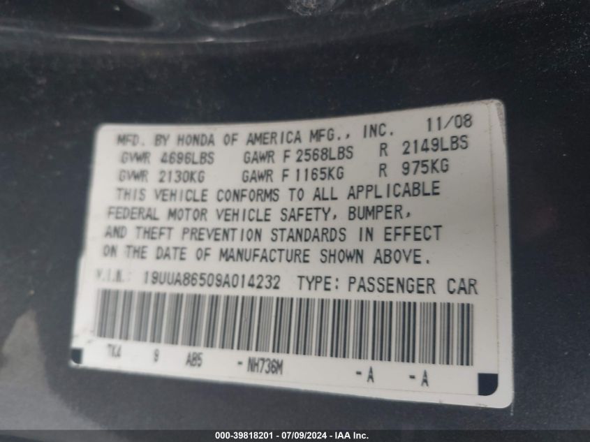 2009 Acura Tl 3.5 VIN: 19UUA86509A014232 Lot: 39818201