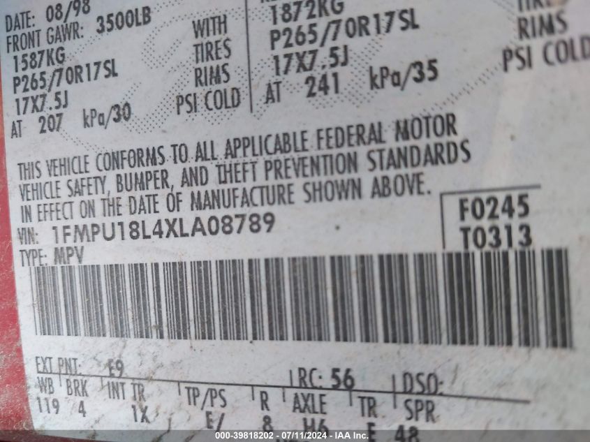 1999 Ford Expedition Eddie Bauer/Xlt VIN: 1FMPU18L4XLA08789 Lot: 39818202