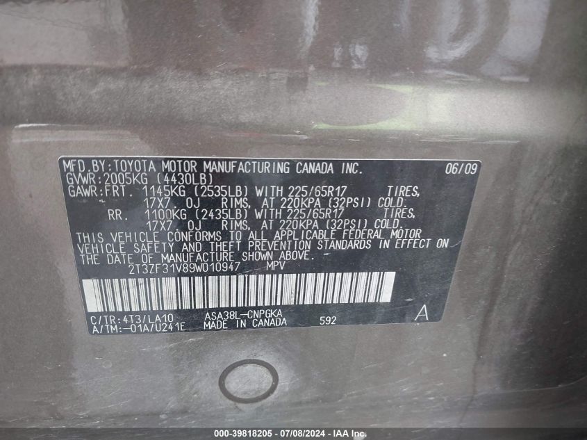 2009 Toyota Rav4 Limited VIN: 2T3ZF31V89W010947 Lot: 39818205