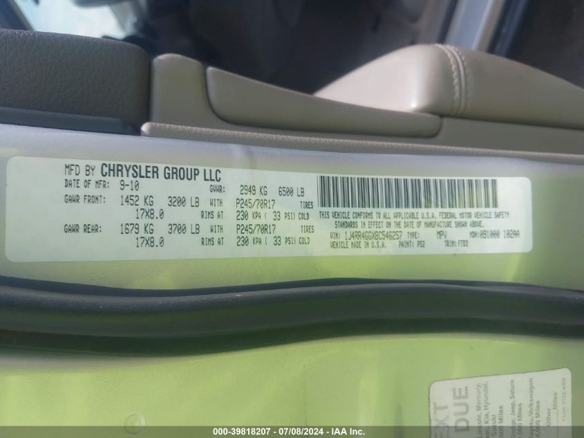 2011 Jeep Grand Cherokee Laredo VIN: 1J4RR4GGXBC546257 Lot: 39818207