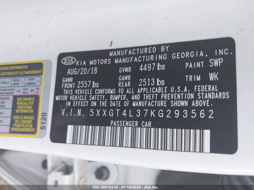 2019 Kia Optima Lx VIN: 5XXGT4L37KG293562 Lot: 39818218