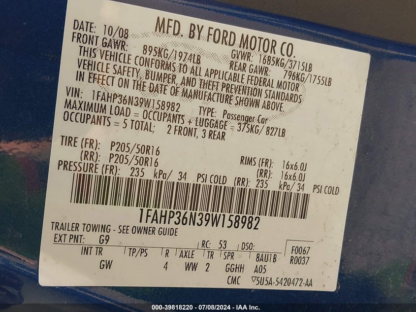 2009 Ford Focus Ses VIN: 1FAHP36N39W158982 Lot: 39818220