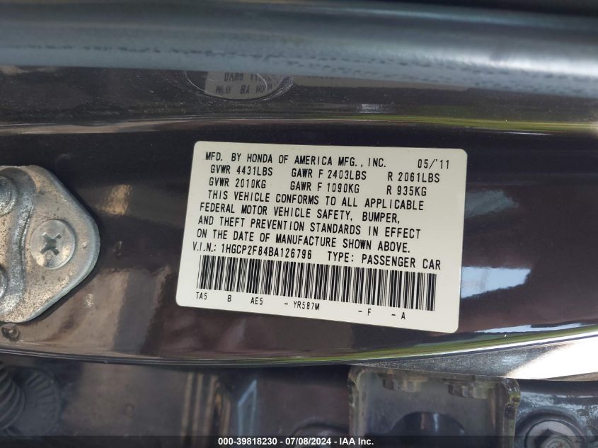 2011 Honda Accord 2.4 Ex-L VIN: 1HGCP2F84BA126796 Lot: 39818230