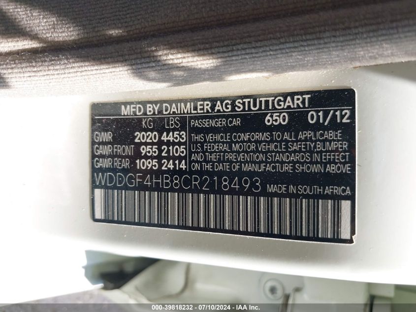 2012 Mercedes-Benz C 250 Luxury/Sport VIN: WDDGF4HB8CR218493 Lot: 39818232