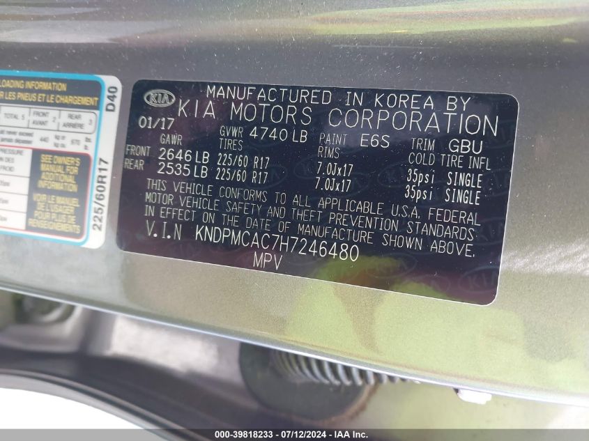 2017 Kia Sportage Lx VIN: KNDPMCAC7H7246480 Lot: 39818233