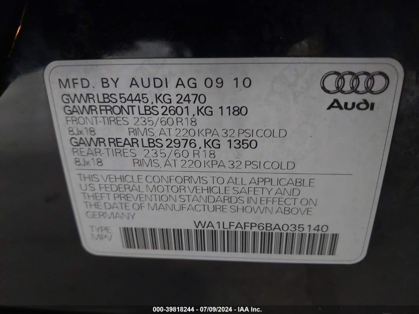 2011 Audi Q5 2.0T Premium VIN: WA1LFAFP6BA035140 Lot: 39818244