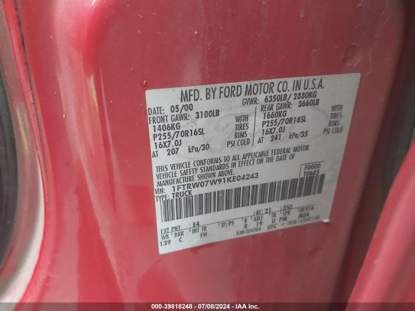 2001 Ford F-150 Harley-Davidson Edition/King Ranch Edition/Lariat/Xlt VIN: 1FTRW07W91KE04243 Lot: 39818248