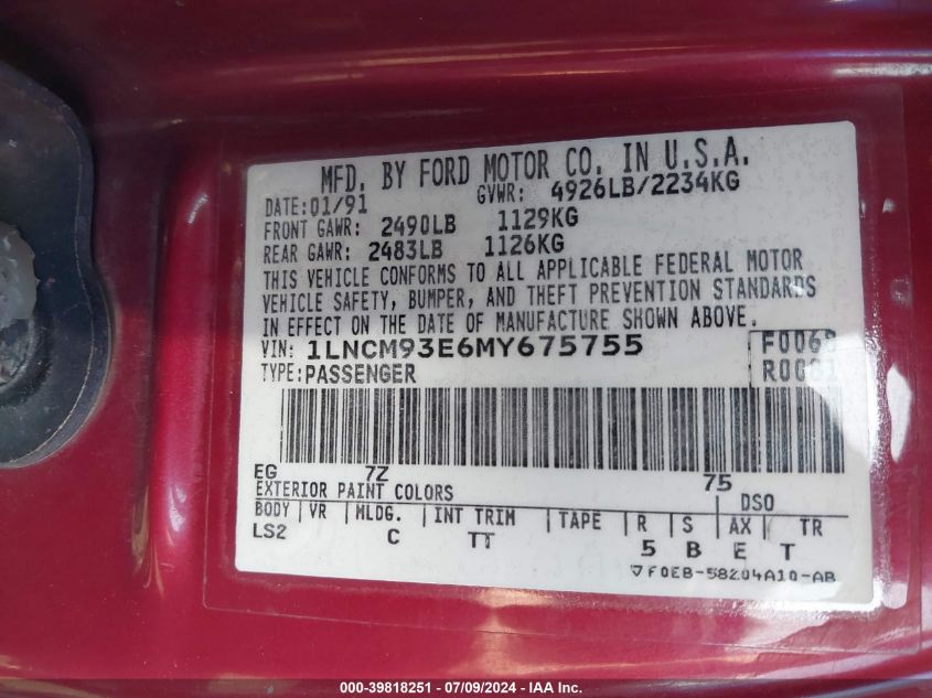 1991 Lincoln Mark Vii Lsc VIN: 1LNCM93E6MY675755 Lot: 39818251