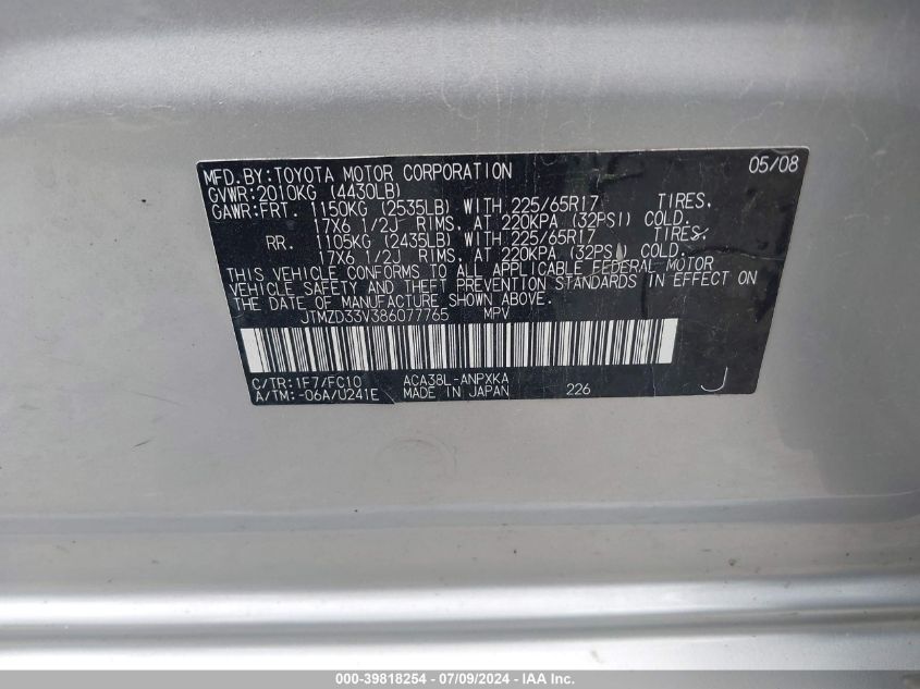 2008 Toyota Rav4 VIN: JTMZD33V386077765 Lot: 39818254