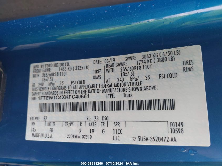 2019 Ford F-150 Xlt VIN: 1FTEW1C4XKFC40651 Lot: 39818256