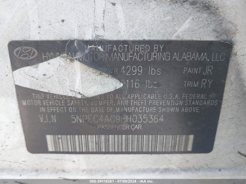 2011 Hyundai Sonata Se/Limited VIN: 5NPEC4AC9BH035364 Lot: 39818261