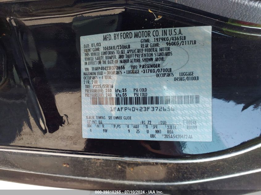 2003 Ford Mustang VIN: 1FAFP40423F372656 Lot: 39818265