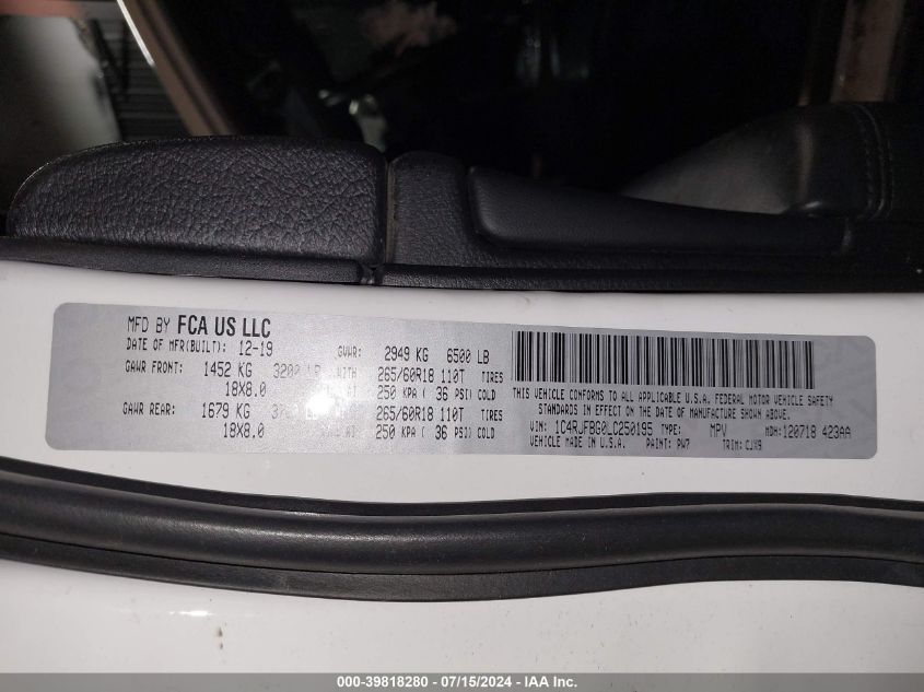 2020 Jeep Grand Cherokee Limited 4X4 VIN: 1C4RJFBG0LC250195 Lot: 39818280