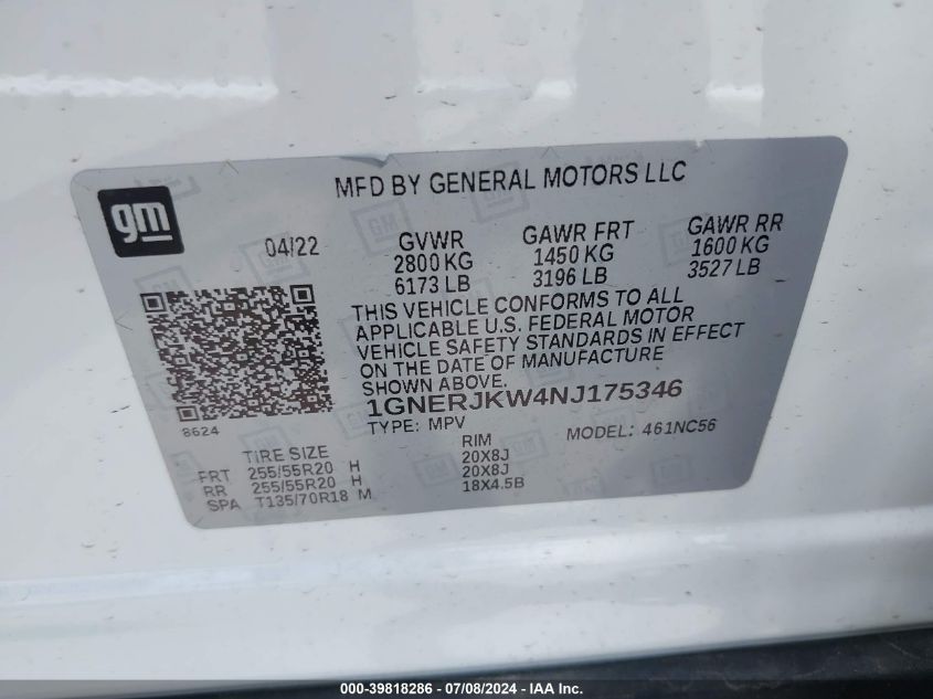 2022 Chevrolet Traverse Fwd Rs VIN: 1GNERJKW4NJ175346 Lot: 39818286