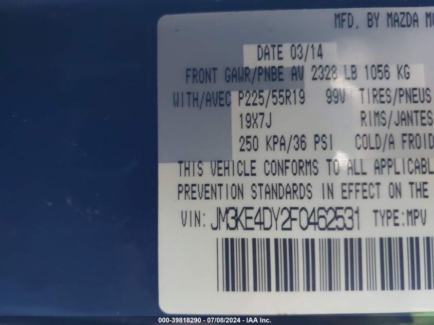 2015 Mazda Cx-5 Grand Touring VIN: JM3KE4DY2F0462531 Lot: 39818290