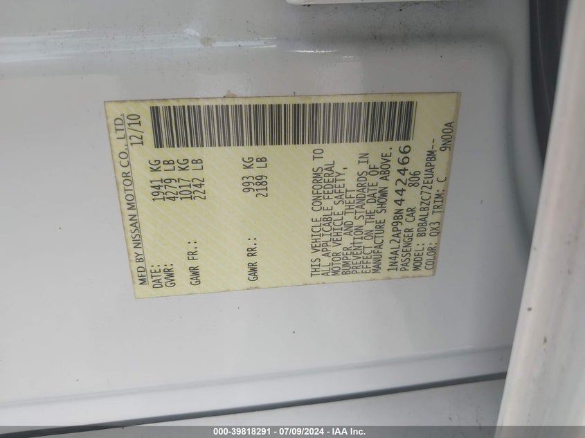 2011 Nissan Altima 2.5 S VIN: 1N4AL2AP9BN442466 Lot: 39818291