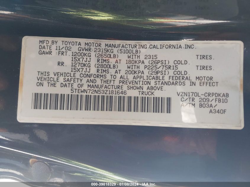 2003 Toyota Tacoma Xtracab VIN: 5TEWN72N53Z181646 Lot: 39818329
