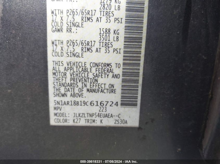 2009 Nissan Pathfinder Se VIN: 5N1AR18B19C616724 Lot: 39818331