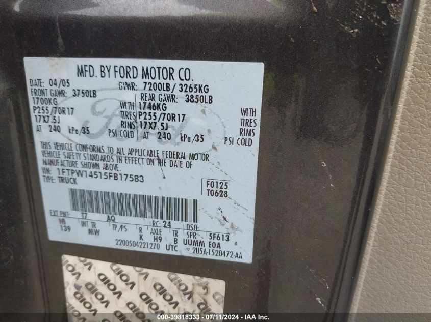 2005 Ford F-150 Fx4/Lariat/Xlt VIN: 1FTPW14515FB17583 Lot: 39818333