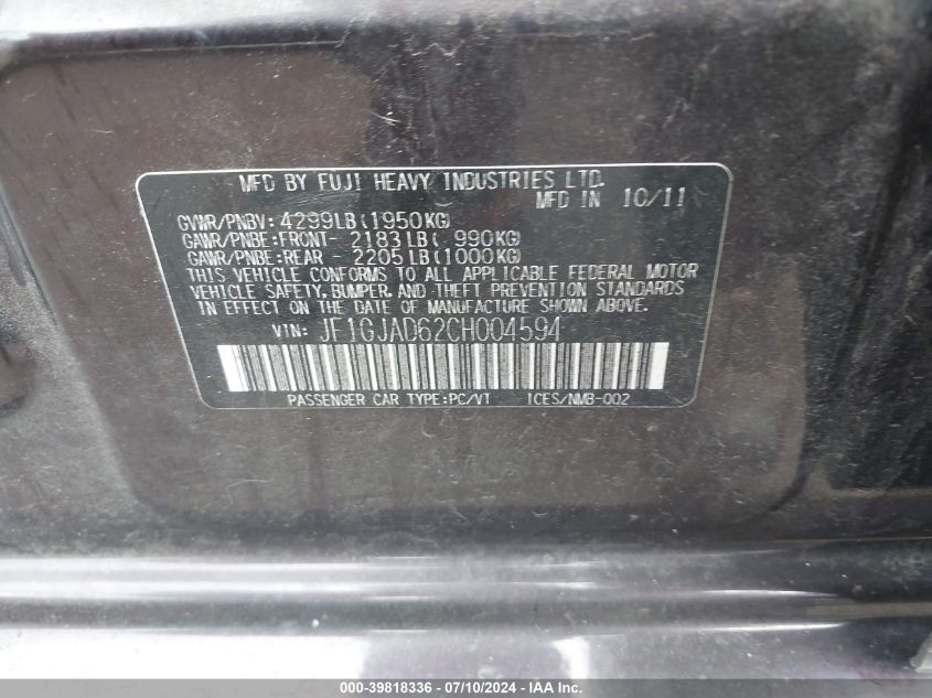 2012 Subaru Impreza 2.0I Premium VIN: JF1GJAD62CH004594 Lot: 39818336
