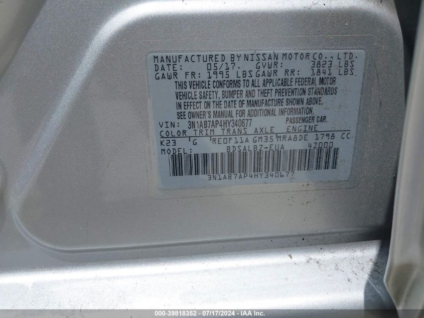 2017 NISSAN SENTRA S - 3N1AB7AP4HY340677