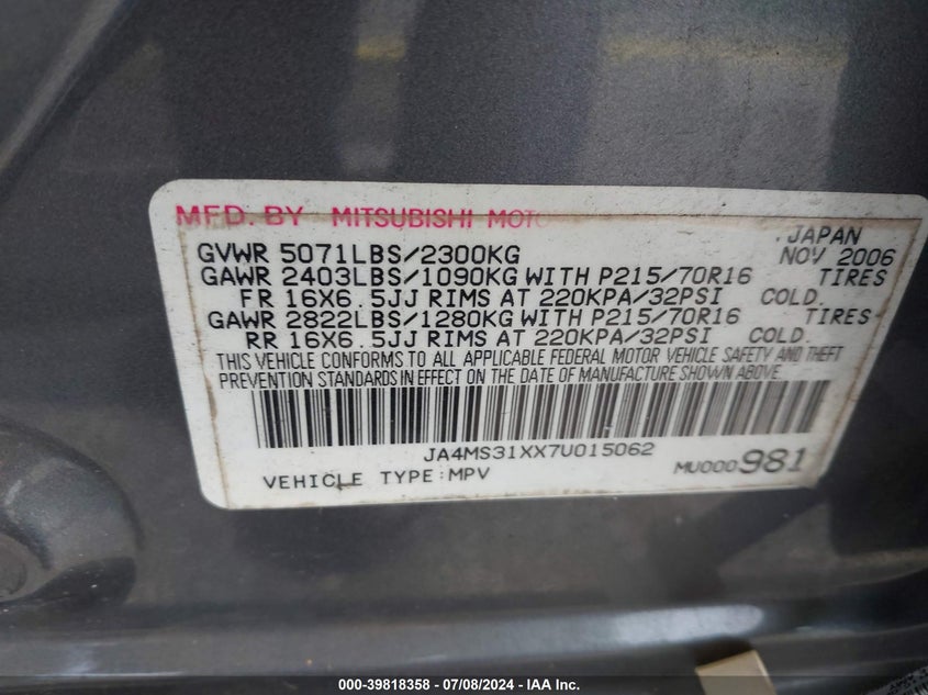 2007 Mitsubishi Outlander Es/Ls VIN: JA4MS31XX7U015062 Lot: 39818358
