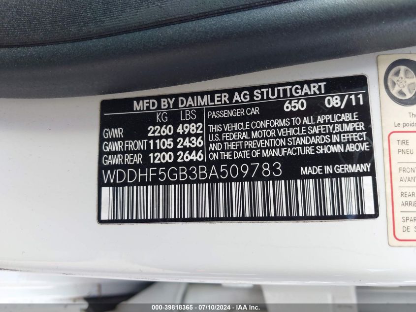 2011 Mercedes-Benz E 350 VIN: WDDHF5GB3BA509783 Lot: 39818365