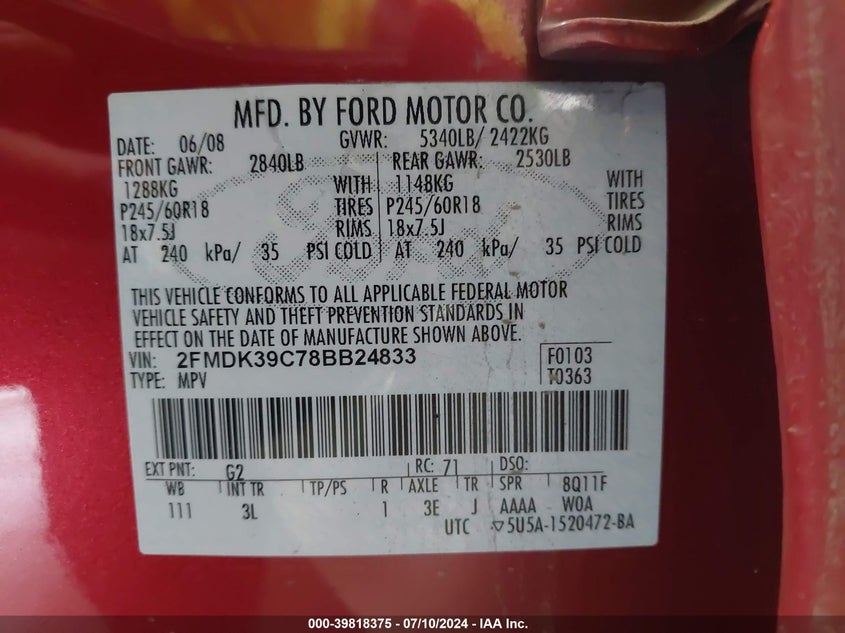 2008 Ford Edge Limited VIN: 2FMDK39C78BB24833 Lot: 39818375