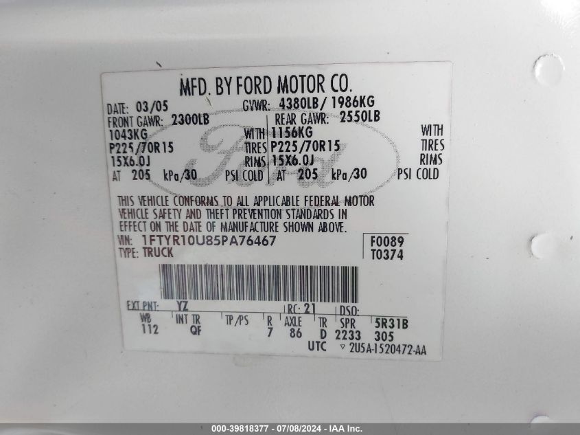 2005 Ford Ranger VIN: 1FTYR10U85PA76467 Lot: 39818377