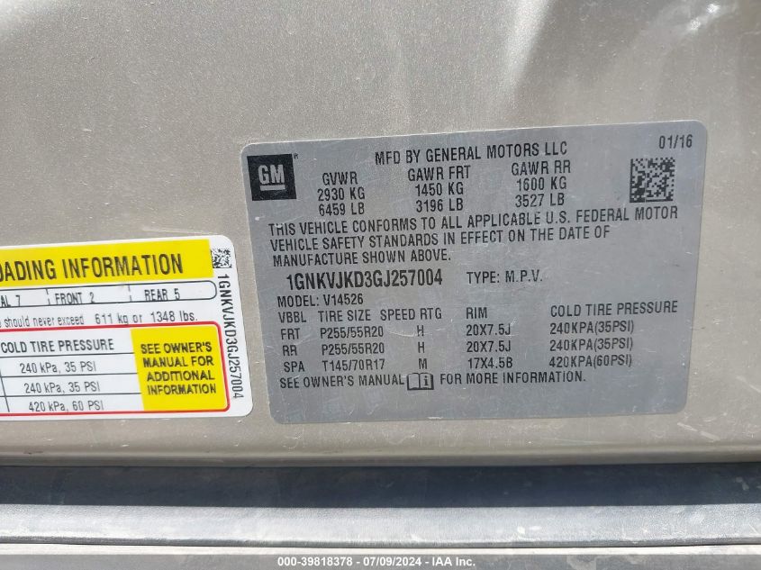 2016 Chevrolet Traverse Ltz VIN: 1GNKVJKD3GJ257004 Lot: 39818378