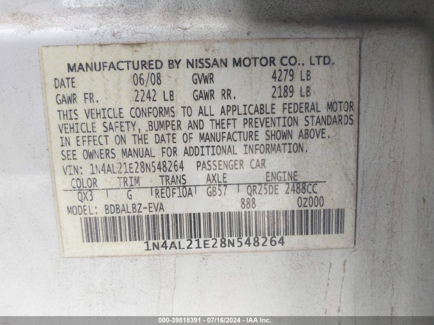 2008 Nissan Altima 2.5/2.5S VIN: 1N4AL21E28N548264 Lot: 39818391