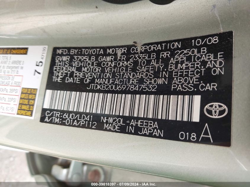 2009 Toyota Prius VIN: JTDKB20U697847532 Lot: 39818397