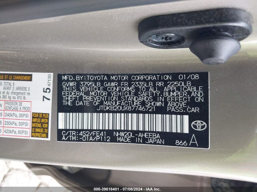 2008 Toyota Prius VIN: JTDKB20UX87746721 Lot: 39818401
