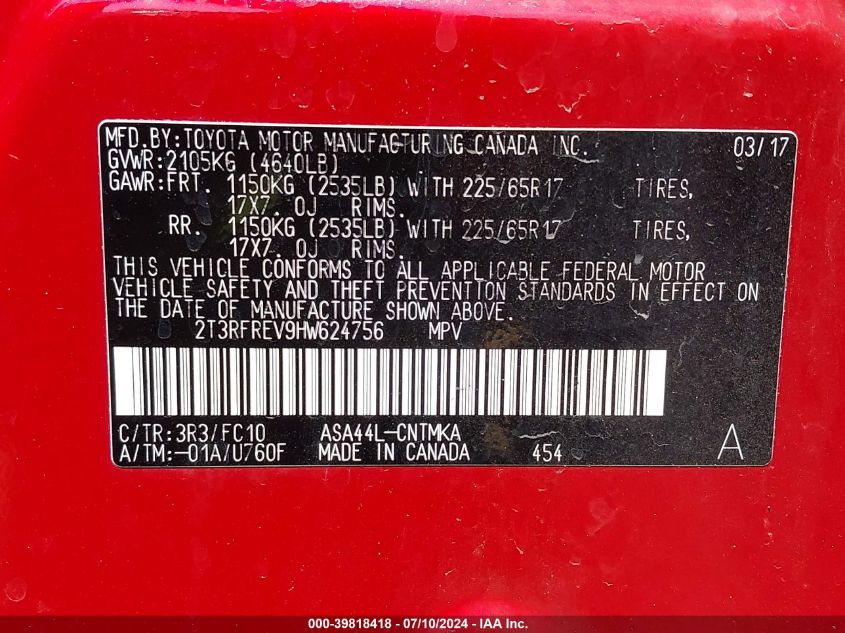 2017 TOYOTA RAV4 XLE - 2T3RFREV9HW624756