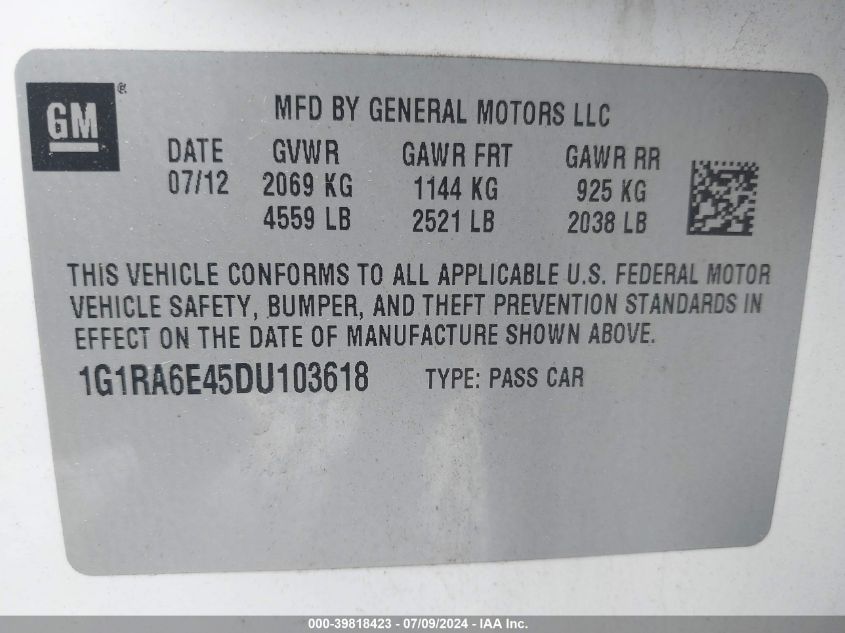 2013 Chevrolet Volt VIN: 1G1RA6E45DU103618 Lot: 39818423