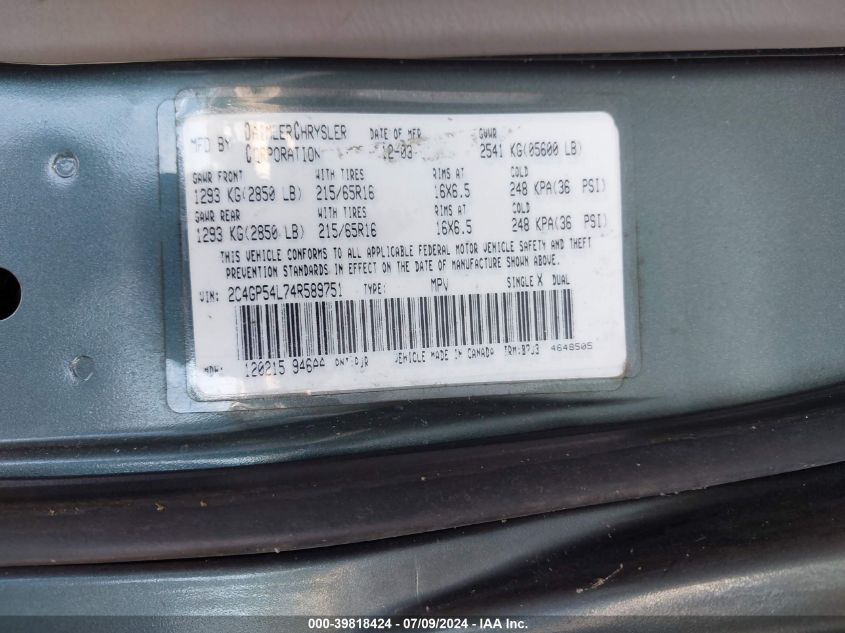 2004 Chrysler Town & Country Touring VIN: 2C4GP54L74R589751 Lot: 39818424