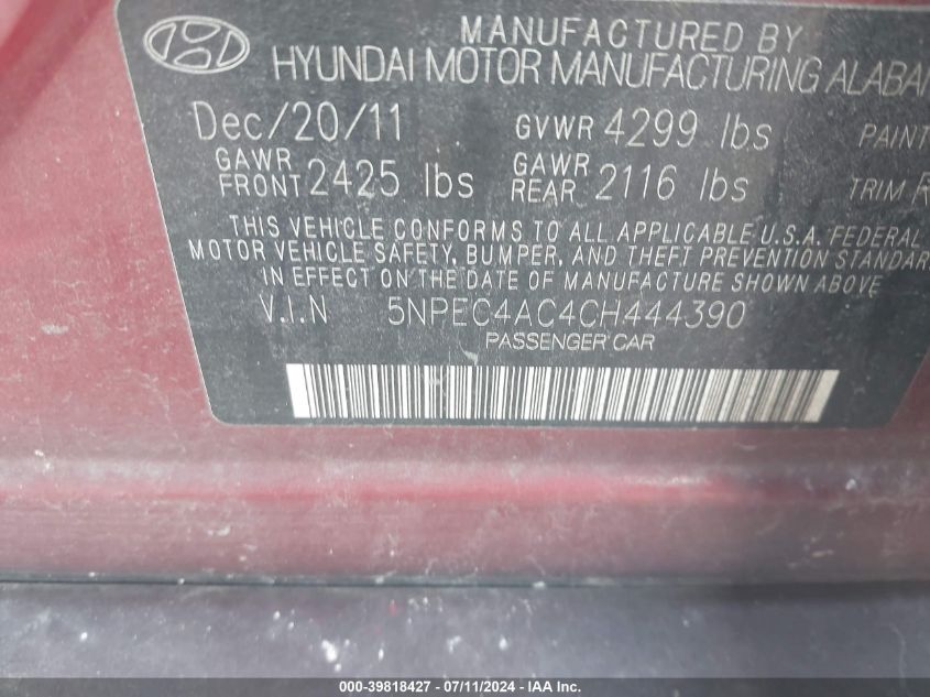 2012 Hyundai Sonata Se VIN: 5NPEC4AC4CH444390 Lot: 39818427