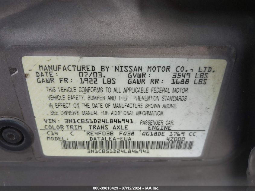 2004 Nissan Sentra 1.8S VIN: 3N1CB51D24L846941 Lot: 39818429