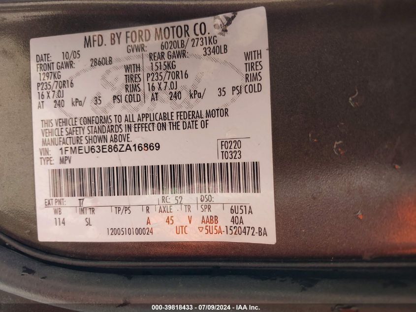 2006 Ford Explorer Xlt VIN: 1FMEU63E86ZA16869 Lot: 39818433