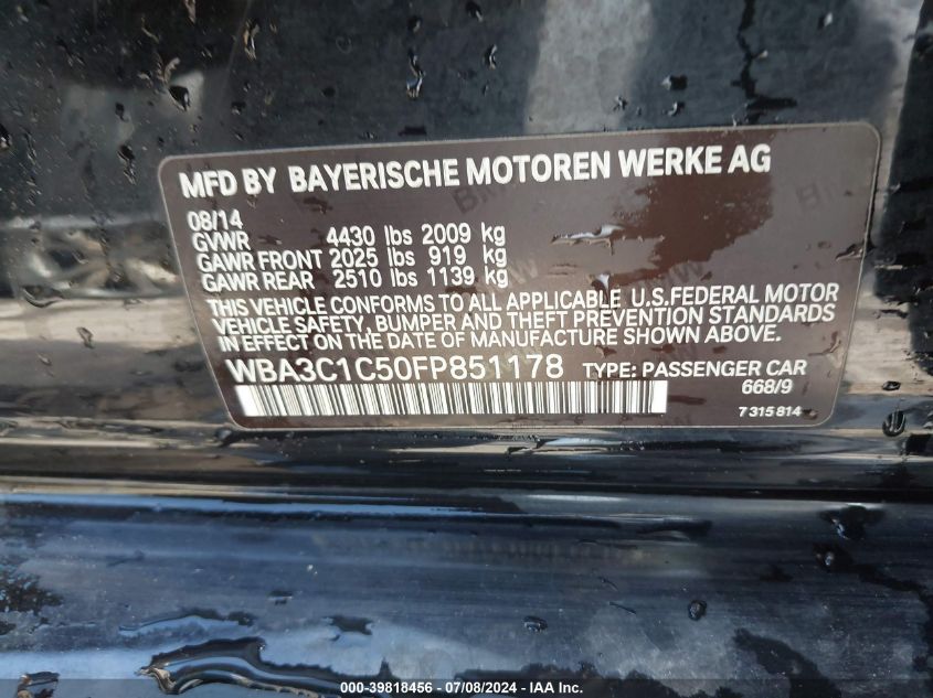 2015 BMW 328I VIN: WBA3C1C50FP851178 Lot: 39818456