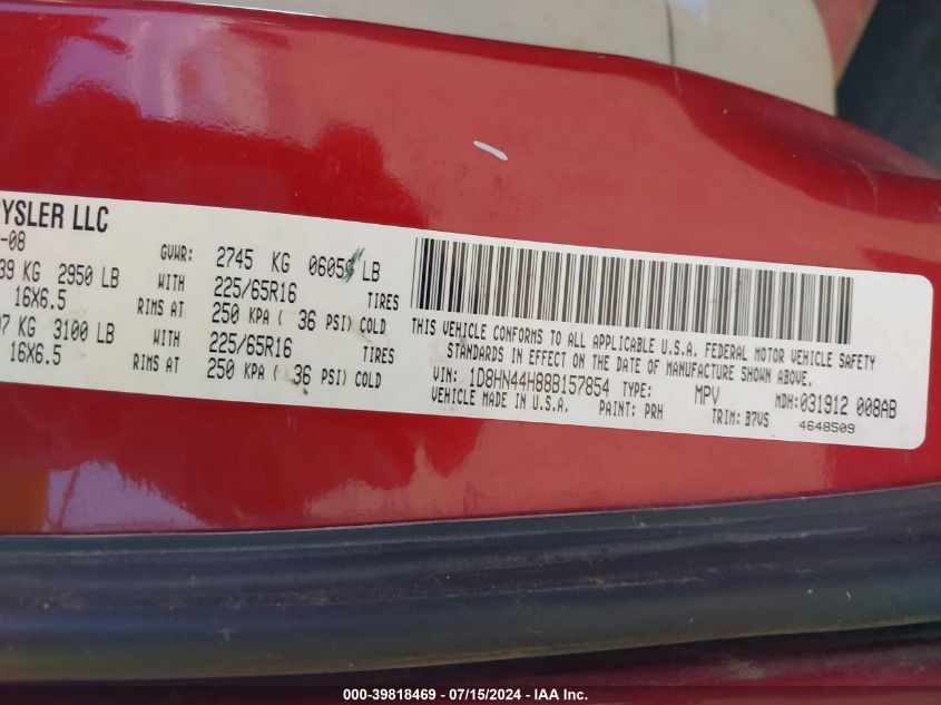 2008 Dodge Grand Caravan Se VIN: 1D8HN44H88B157854 Lot: 39818469