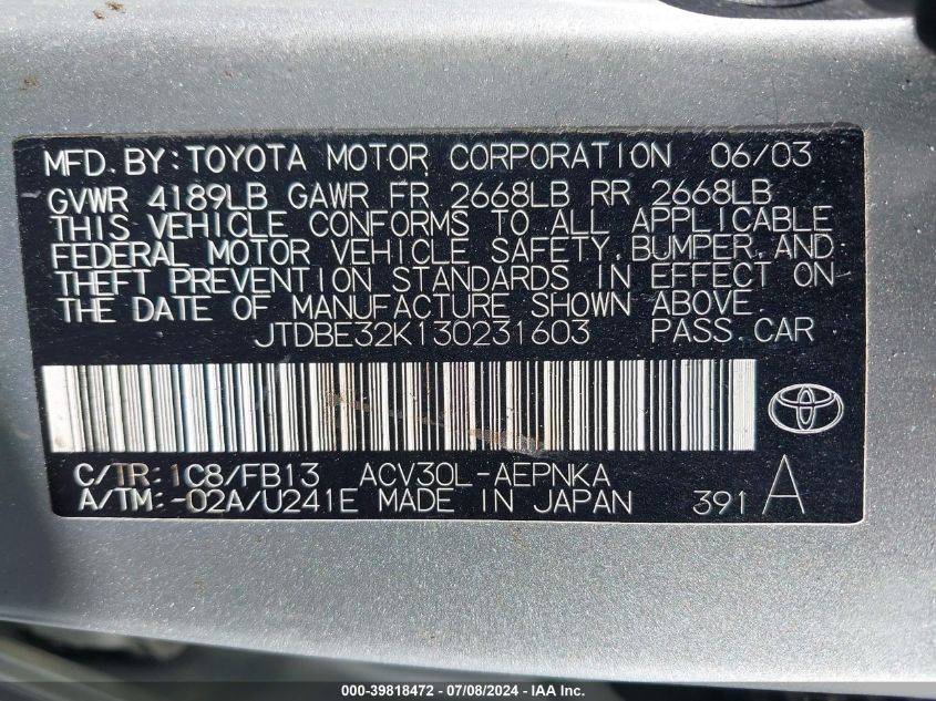 2003 Toyota Camry Le VIN: JTDBE32K130231603 Lot: 39818472