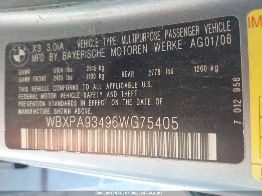 2006 BMW X3 3.0I VIN: WBXPA93496WG75405 Lot: 39818474