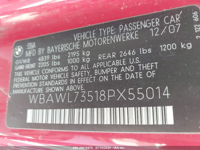 2008 BMW 335 I VIN: WBAWL73518PX55014 Lot: 39818475