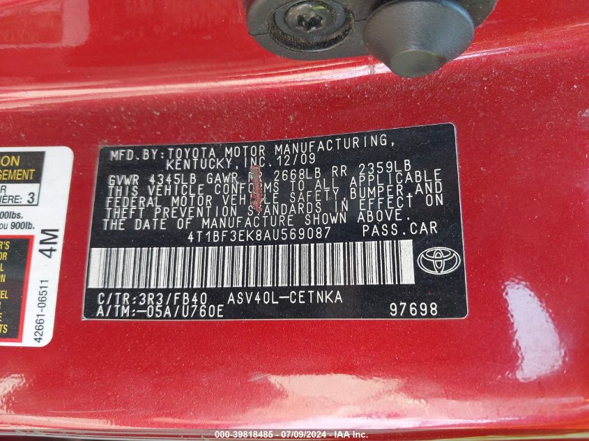 2010 Toyota Camry Le VIN: 4T1BF3EK8AU569087 Lot: 39818485