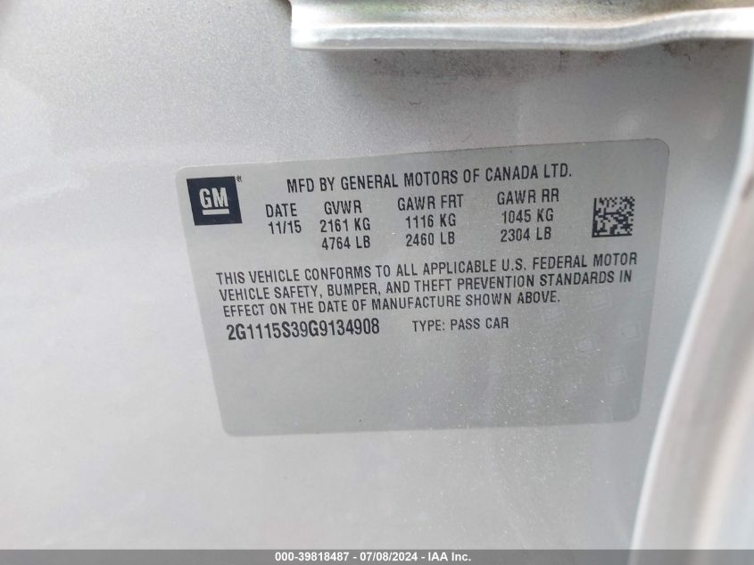 2016 Chevrolet Impala 2Lt VIN: 2G1115S39G9134908 Lot: 39818487