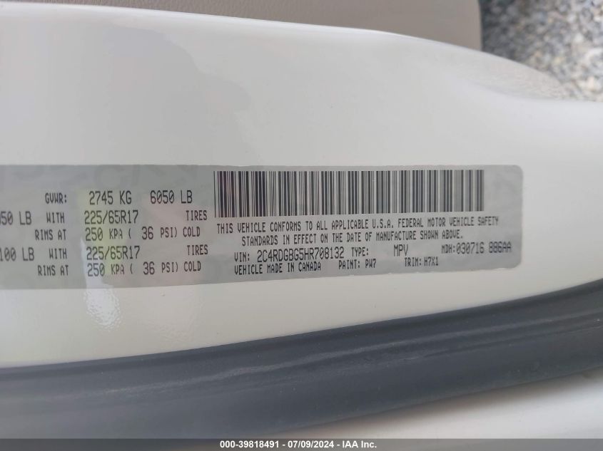 2017 Dodge Grand Caravan Se VIN: 2C4RDGBG5HR708132 Lot: 39818491